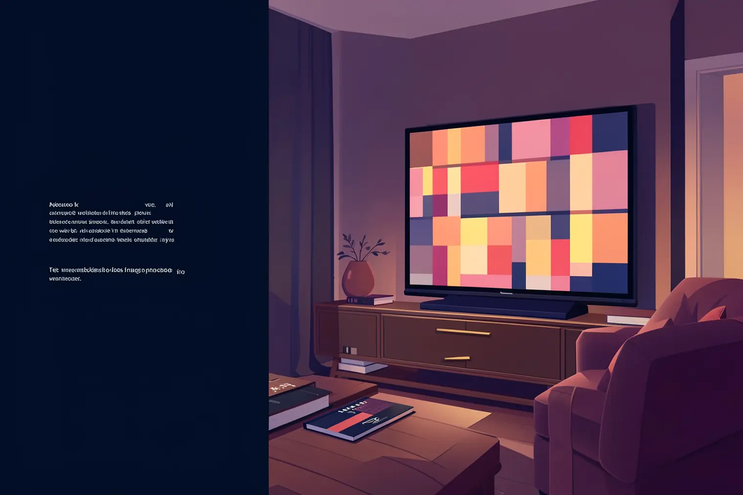 Illustration d’un salon avec une télévision affichant une mosaïque colorée